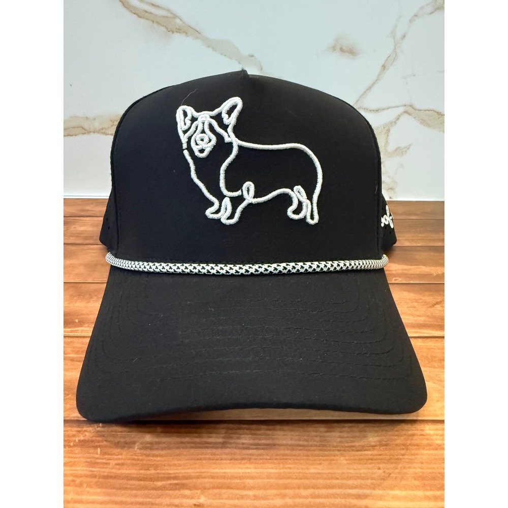 Woof Caps Black Corgi Embroidered Perforated Snapback Hat Dog Lover Trucker Cap